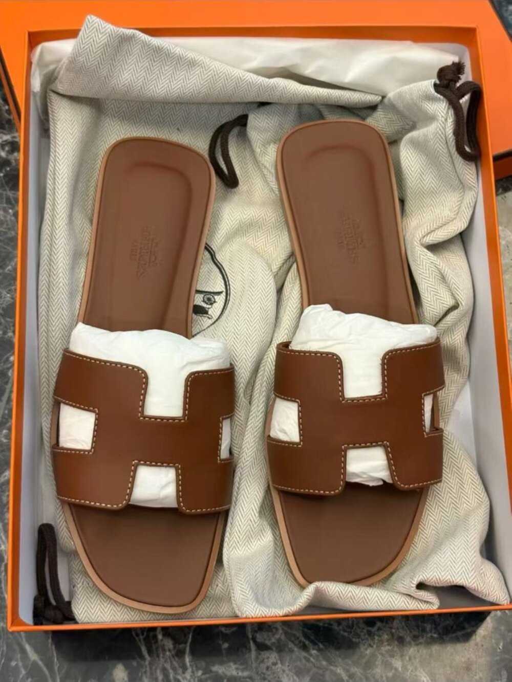 HERMÈS Classic Brown Leather H Strap Flat Sandals